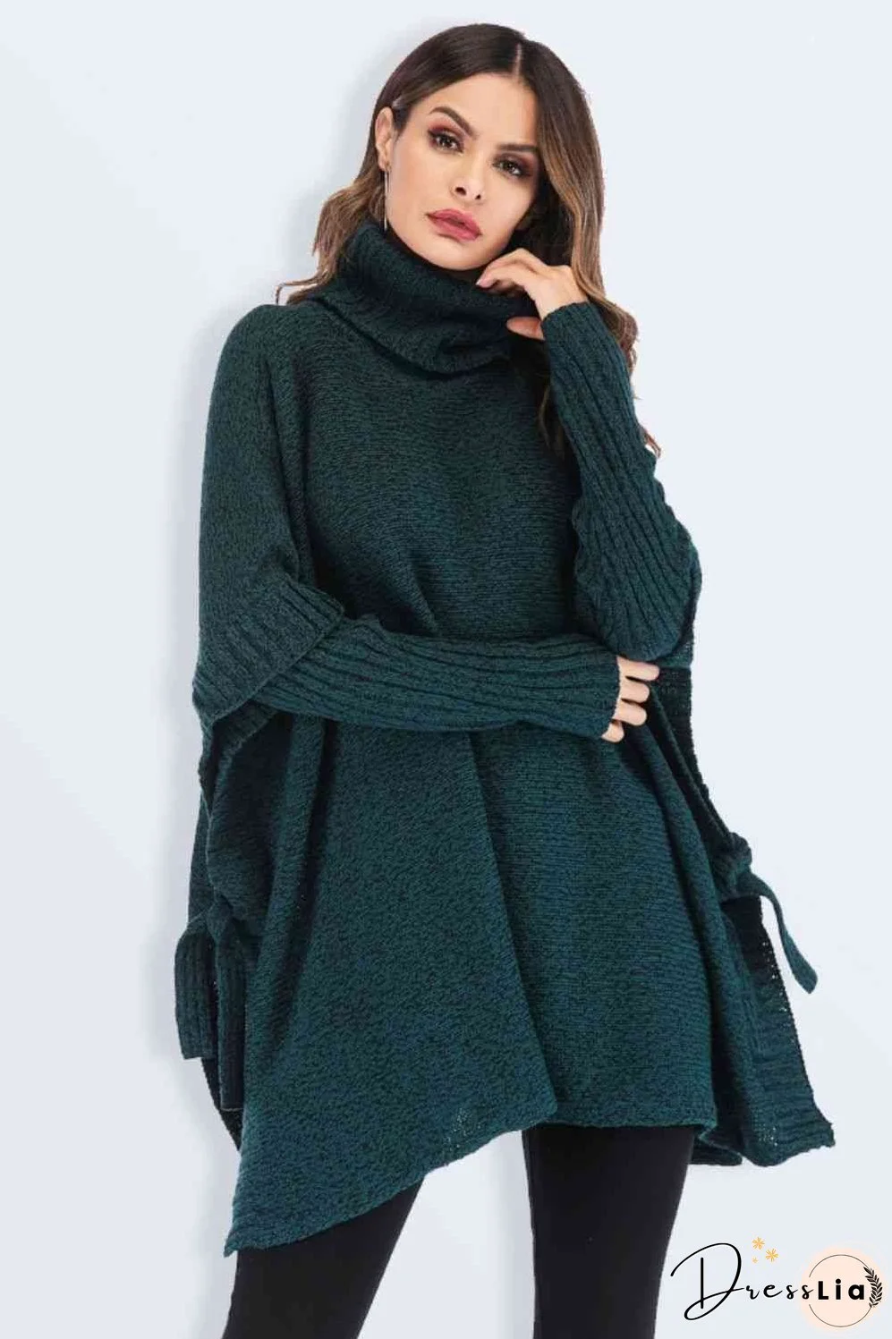 Tied Turtleneck Asymmetrical Hem Sweater