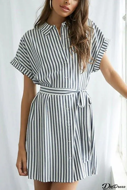 Button Stripe Beleted Mini Dress