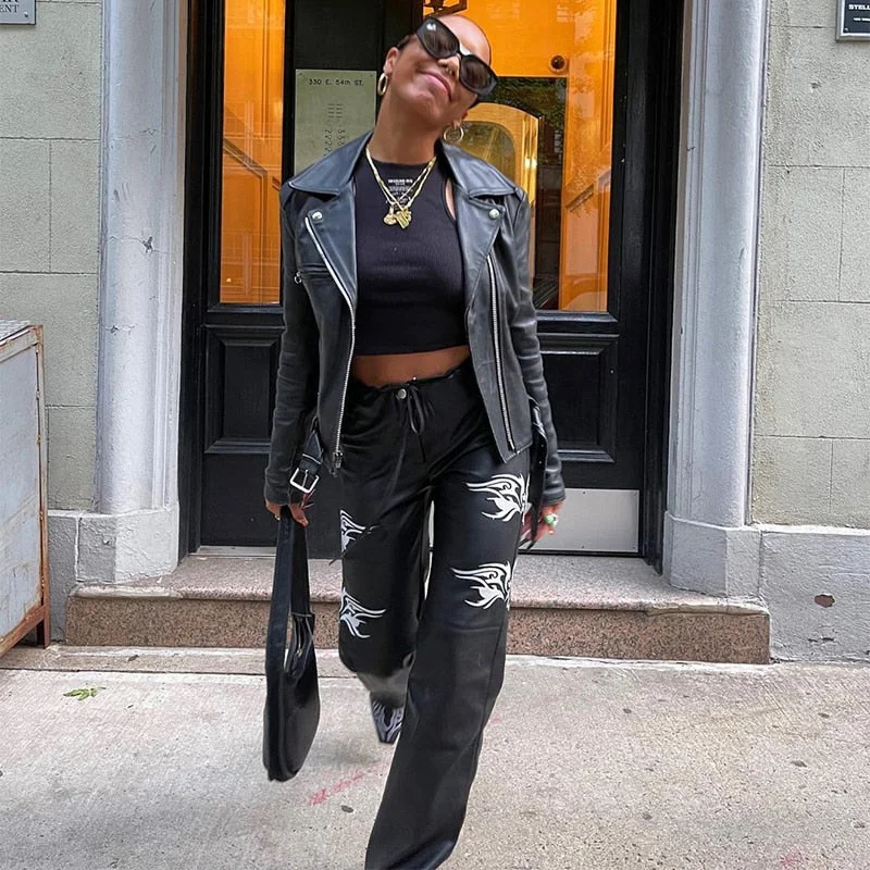 InsGoth Streetwear Faux PU Leather Y2K Pants Harajuku Grunge Punk High Waist Straight Black Pants Casual Loose Women Trousers