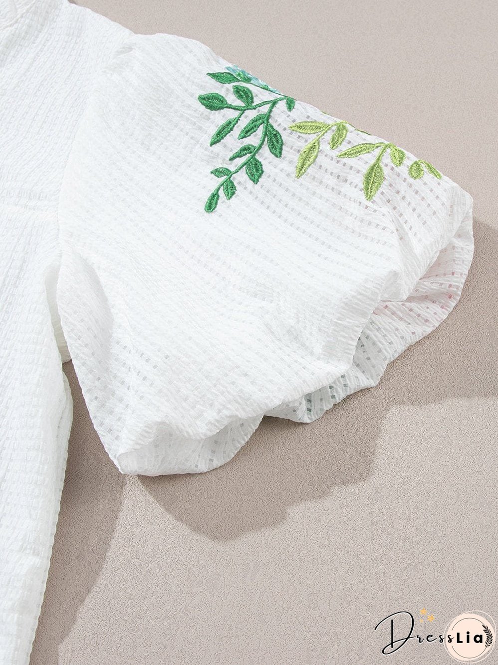 White Floral Embroidered Puff Sleeve V-Neck Mesh Detail Blouse