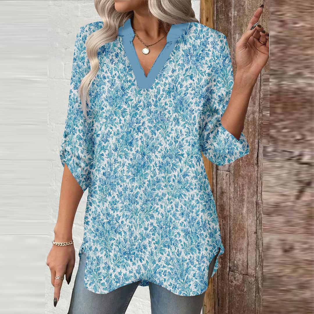 Women Abstract,Blue DZGA0250 3/4 Sleeve V-neck Printed Graphic Button Tops