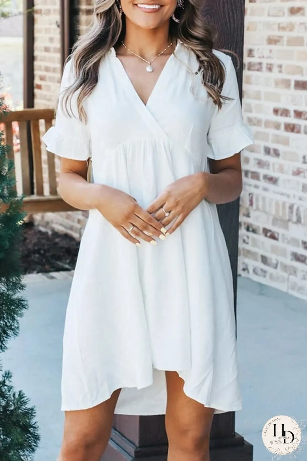 Solid Color Ruched V-Neck Dress