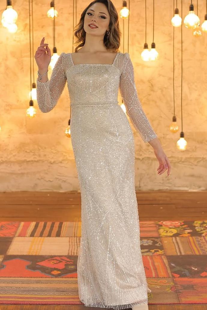 Lvs&Broner Long Sleeves Square Neck Mermaid Long Prom Dress With Beading