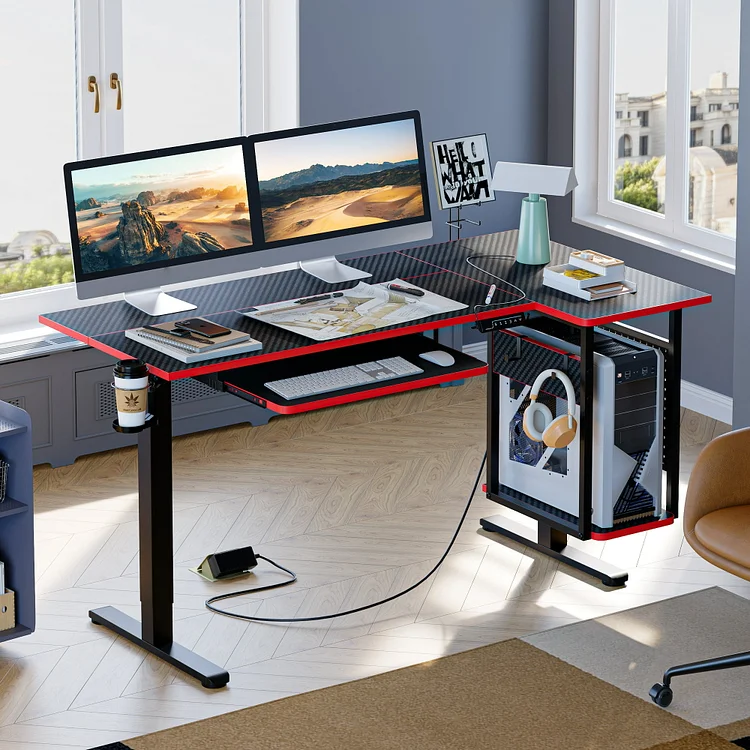 Bestier 57.5" x 31.5" Height Adjustable Electric Standing Desk with Keyboard Tray, Carbon Fiber Black