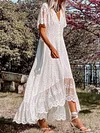 White Color Lace Split-Joint Short Sleeves Midi Dress