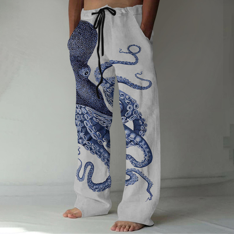 Comstylish Japanese Art Octopus Graphic Printed Casual Pants