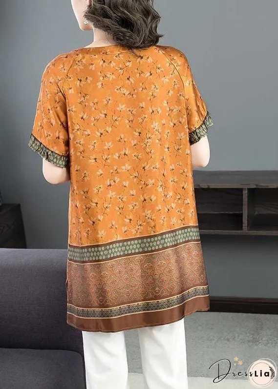 Plus Size Yellow V Neck Print Patchwork Ruffled Silk Tops Short Sleeve