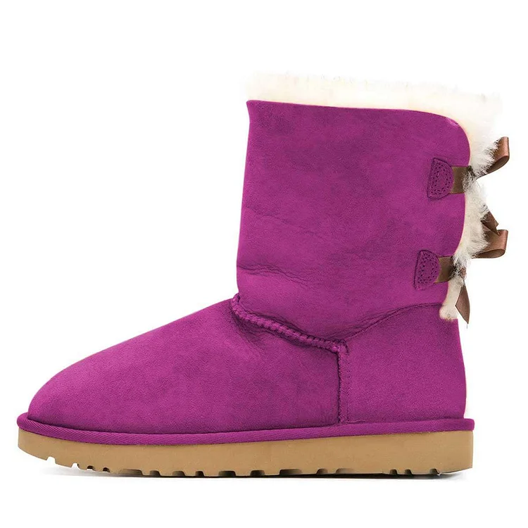 Fuchsia Vegan Suede Flat Winter Boots with Bow |FSJ Shoes