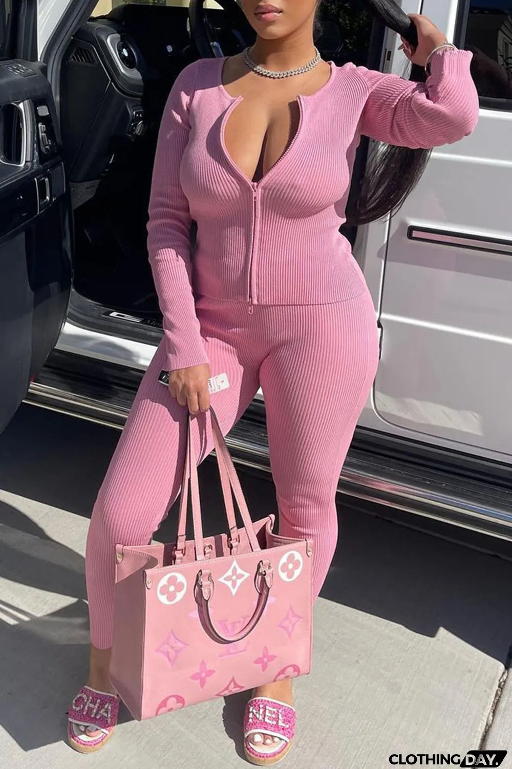 White Casual Solid Split Joint Zipper Long Sleeve Two Pieces