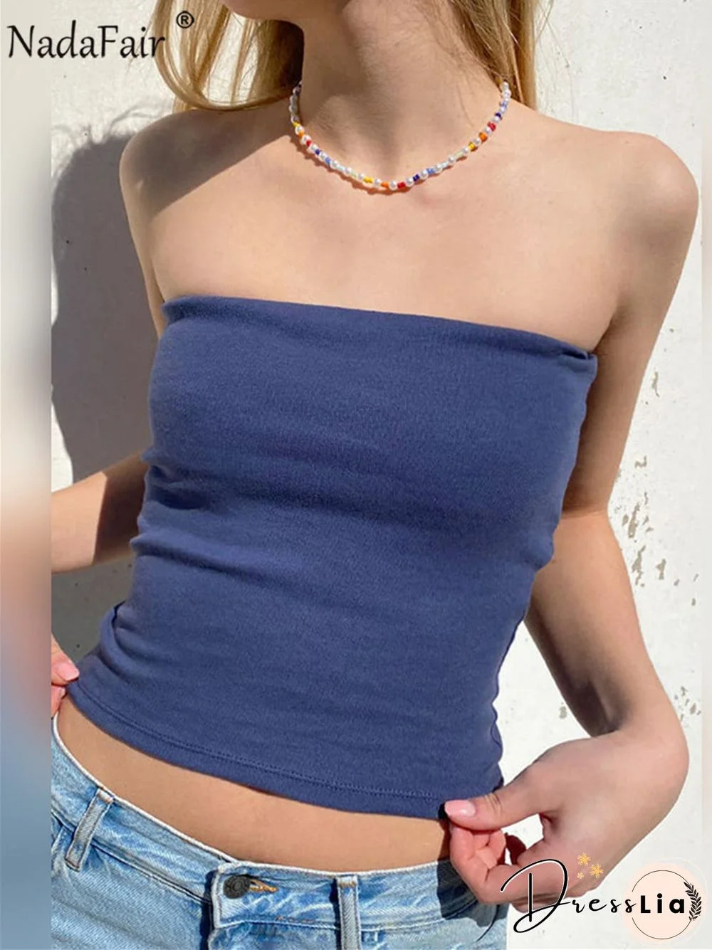 Nadafair Strpless Sexy Tube Tops Women Skinny Summer Off Shoulder Blue Y2K 90S Sexi Crop Top Streetwear