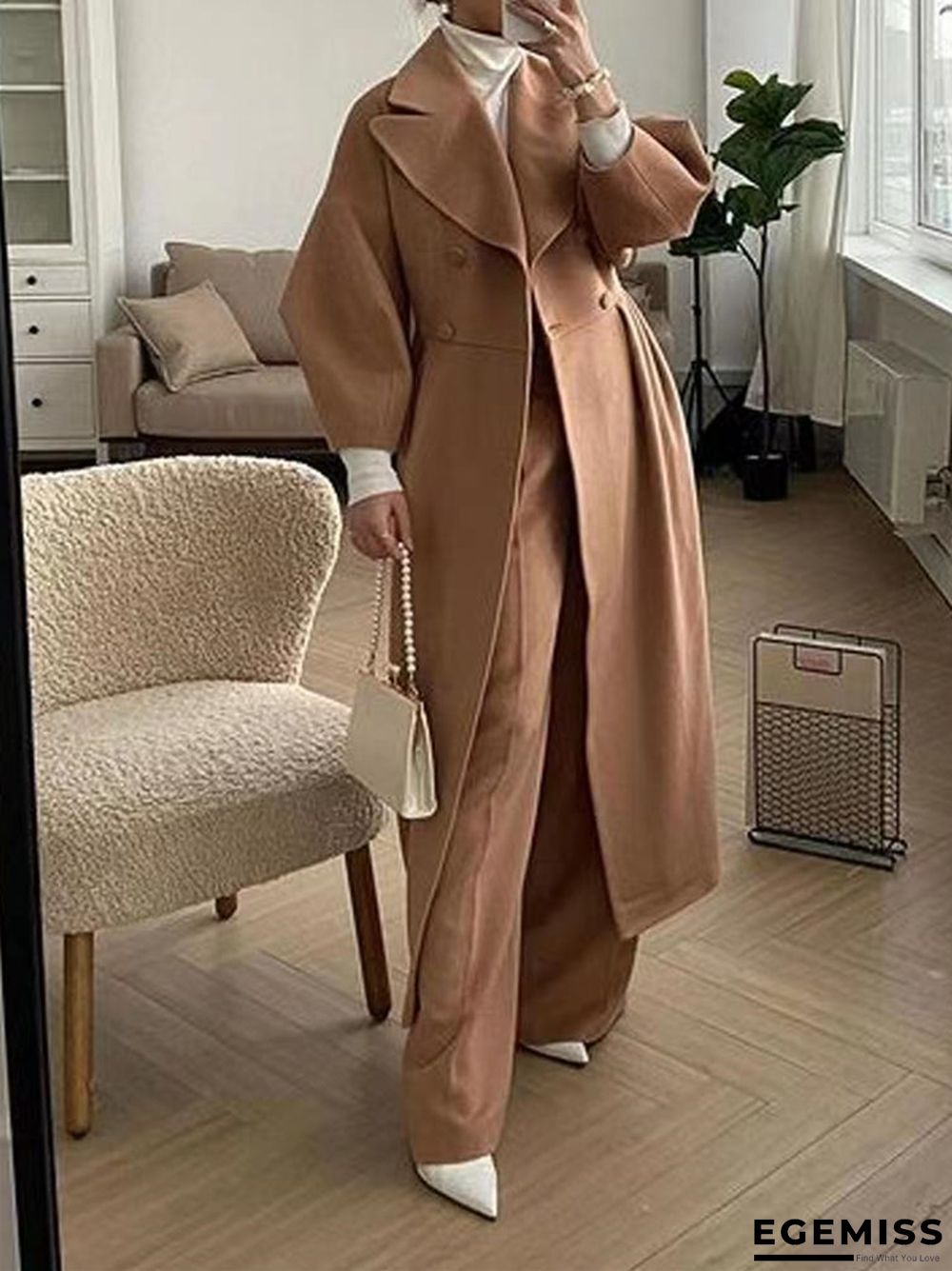 Vintage Lantern Sleeves Solid Color Lapel Long Coat | EGEMISS