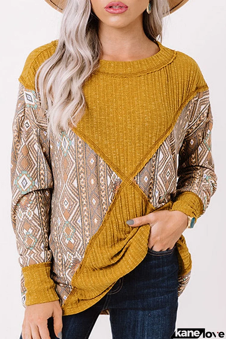 Tribal Geometric Print Ribbed Knit Top