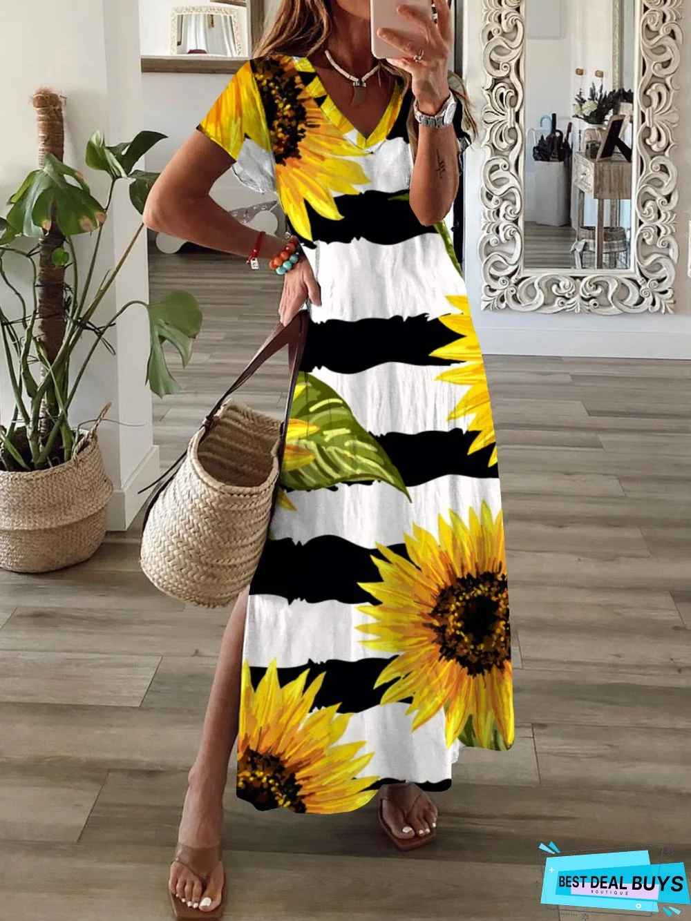 Casual Sunflower Short Sleeve V Neck Printed Dress