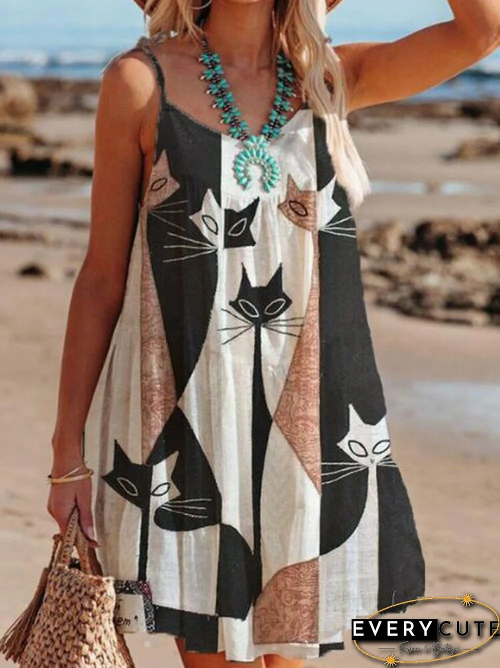 Summer Vintage Pattern Printed Beach Dress Women Casual Sling V-Neck Lace-up Mini Dress Ladies Fashion Sleeveless Loose Dresses