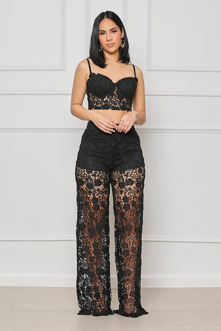 Lace V Neck Strap Crop Top See Through Wide Leg Pants Matching Set
