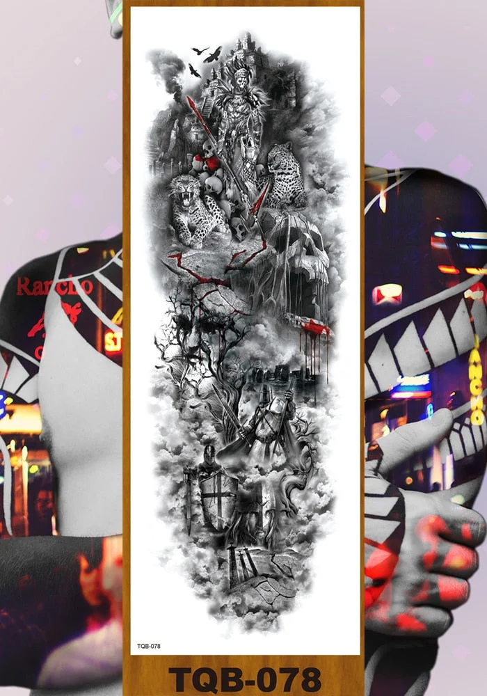 Full Flower Arm Temporary Tattoo Sticker Man Woman Body Leg Fake Tatoo Skull Night Demon Grim Reaper Good and Evil Waterproof