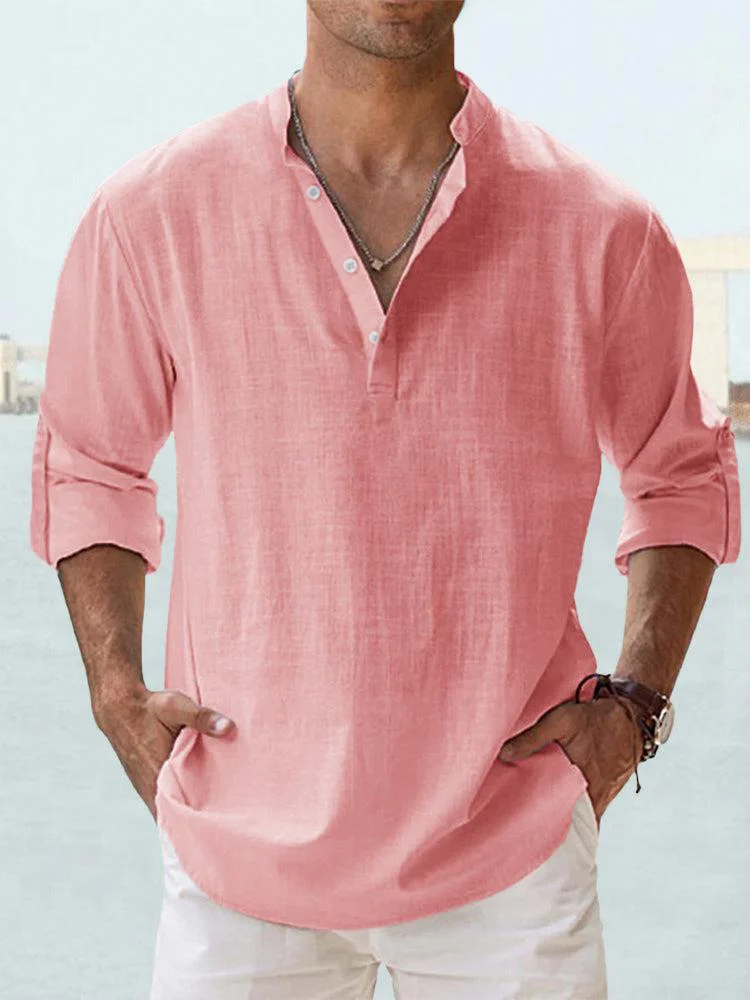 Men's Cotton Linen Stand-up Collar Long-sleeved Shirt Loose Solid Beach Shirts