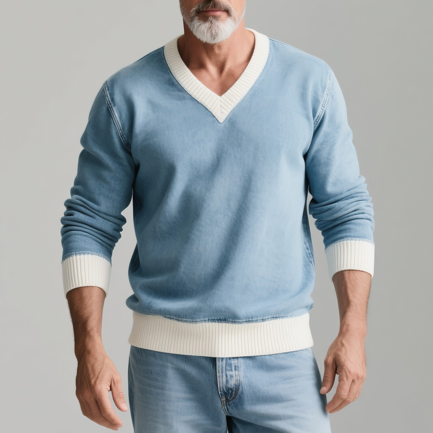 Men's Casual Ribbed Contrast Trim V Neck Long Sleeve Denim Sweatshirt