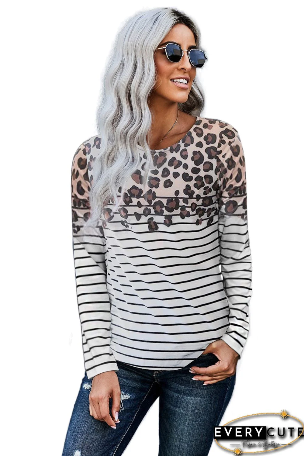 Leopard Striped Print Long Sleeve Top