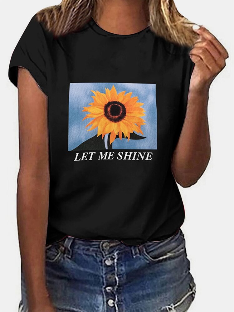 Sunflower Letter Print Short Sleeve T shirt For Women P1676427