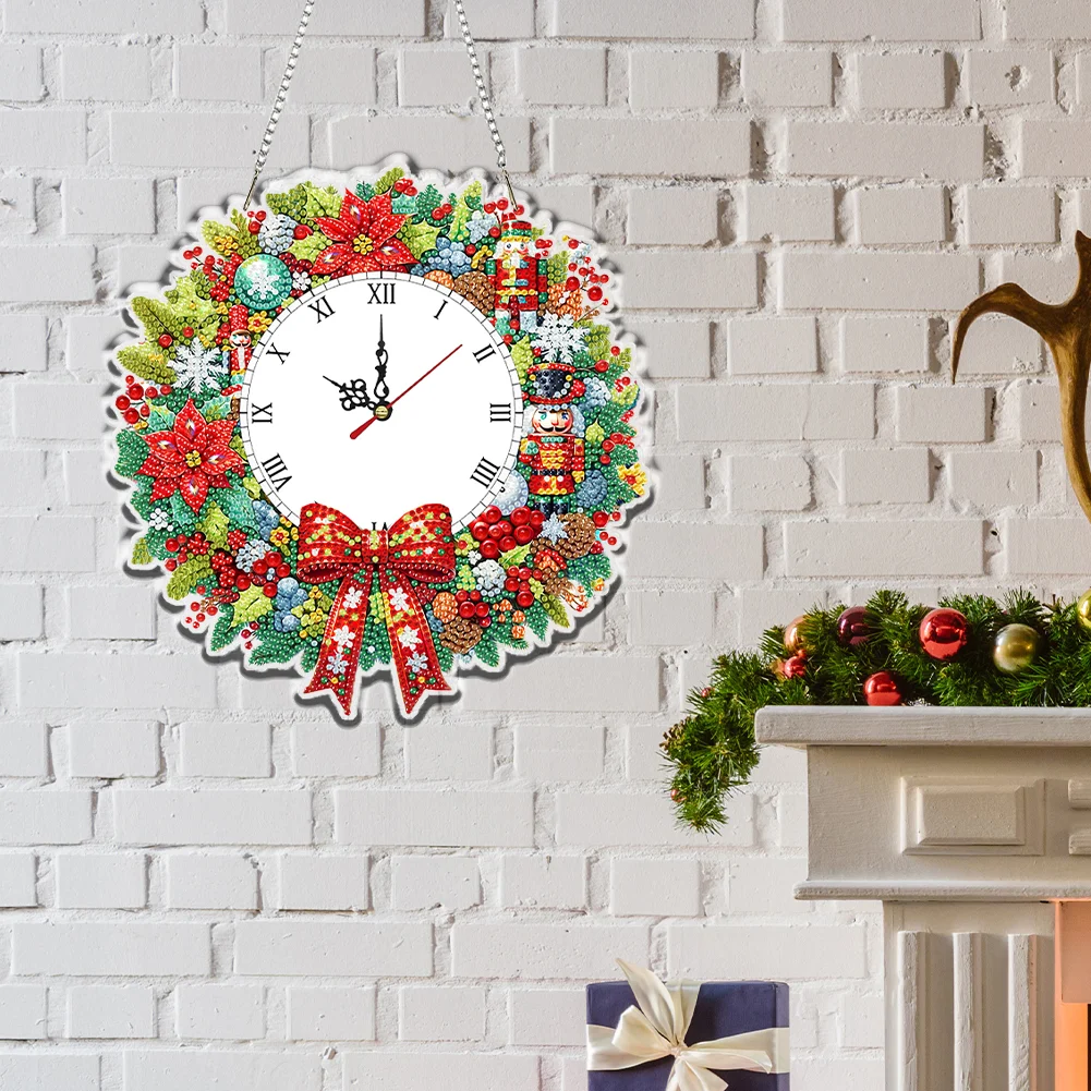 2D Flat DIY Christmas Wreath Acrylic Diamond Painting Clock Pendant Home Decor