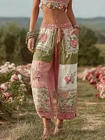 Vintage Boho Floral Patchwork Cozy Linen Trousers