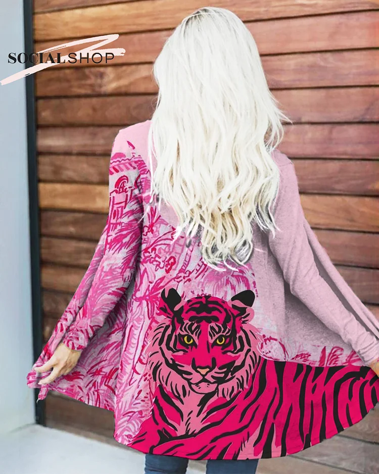 "Pink Jungle Guardian: Tiger Pattern Long-Sleeve Cardigan Blending with Fashion" socialshop