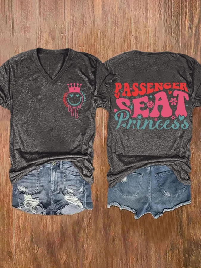 V-neck Passenger Seat Princess Print T-Shirt socialshop
