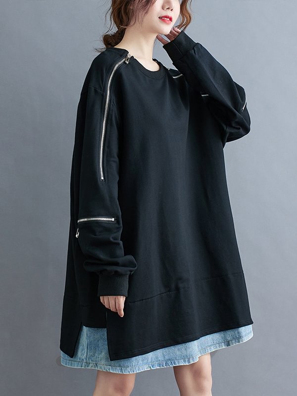 Fashion Split-Joint False Two Long Sleeves Sweatshirt Top