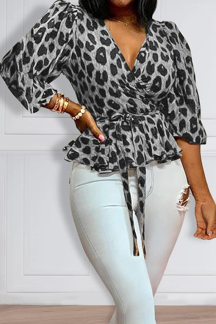 Plus Size Grey Daily Leopard Print Wrap Ruffle Blouse