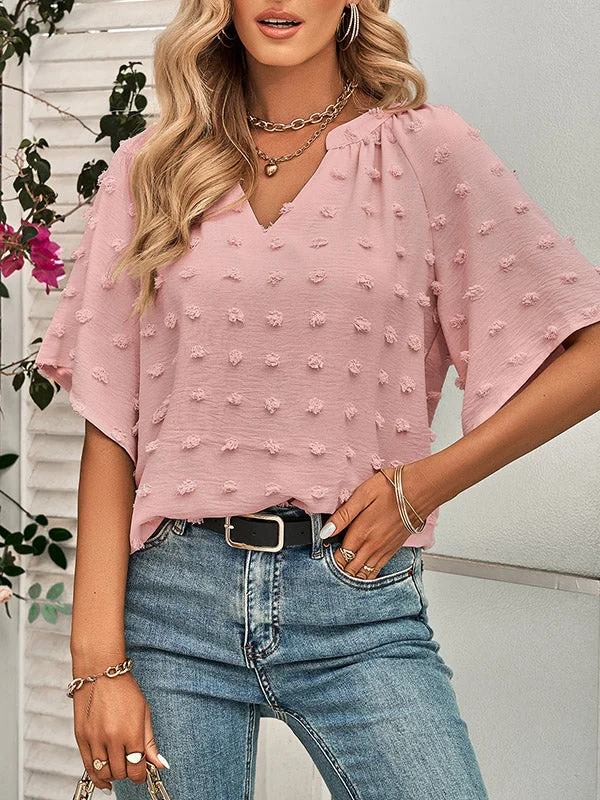 Half Sleeves Loose Jacquard Solid Color V-Neck T-Shirts Tops