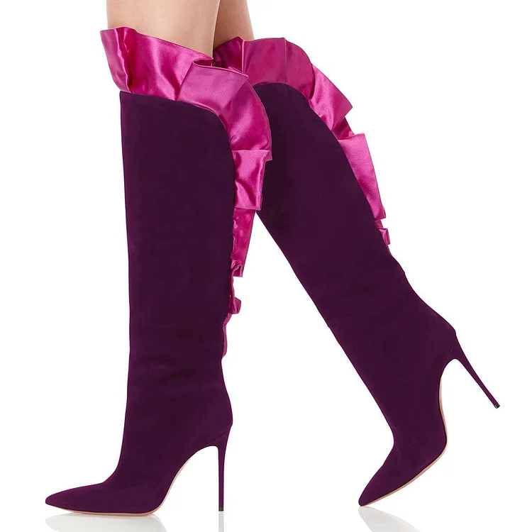 Purple Vegan Suede Pink Ruffle Pointed Toe Stiletto Knee High Boots |FSJ Shoes