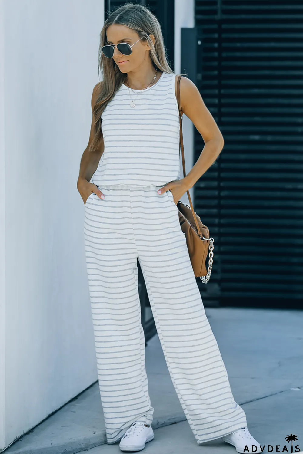 White Striped Print Pocketed Sleeveless Jumpsuit