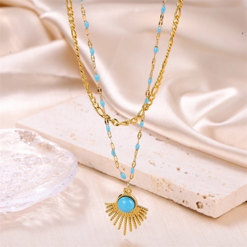 Ig Style Sun Solid Color Stainless Steel Enamel Plating Inlay Turquoise 18k Gold Plated Layered Necklaces