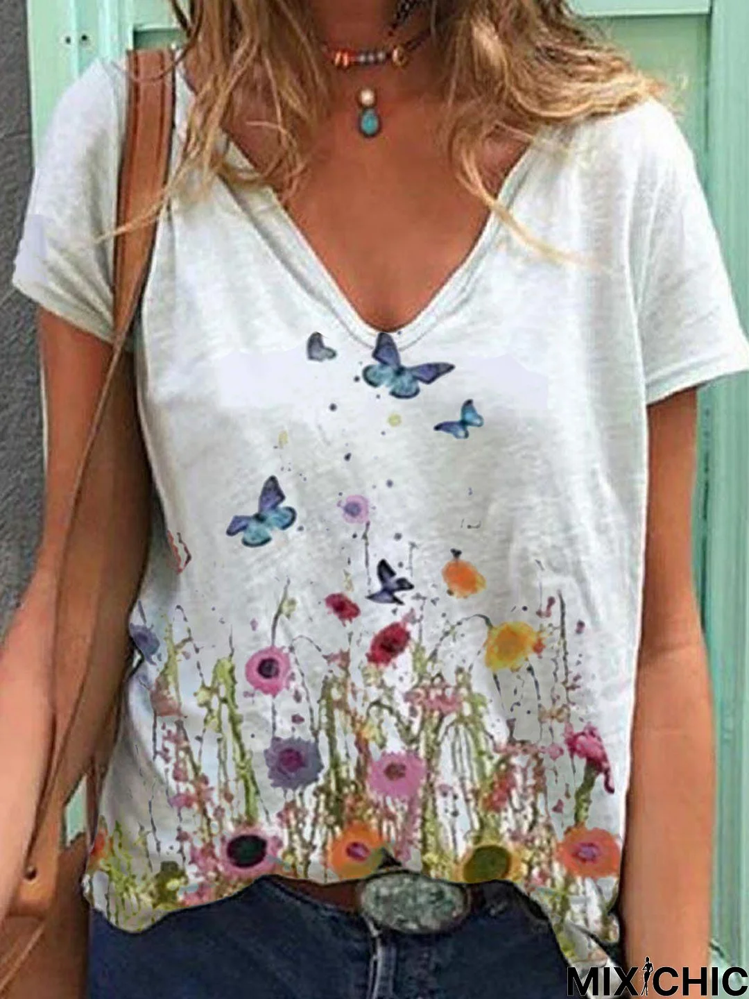 Cotton V Neck Floral Short Sleeve T-shirt