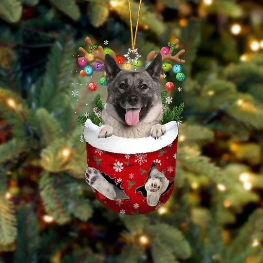 Norwegian Elkhound In Snow Pocket Christmas Ornament trabladzer