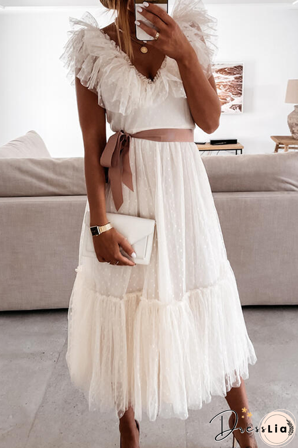 Elegant Solid With Belt Mesh V Neck A Line Dresses