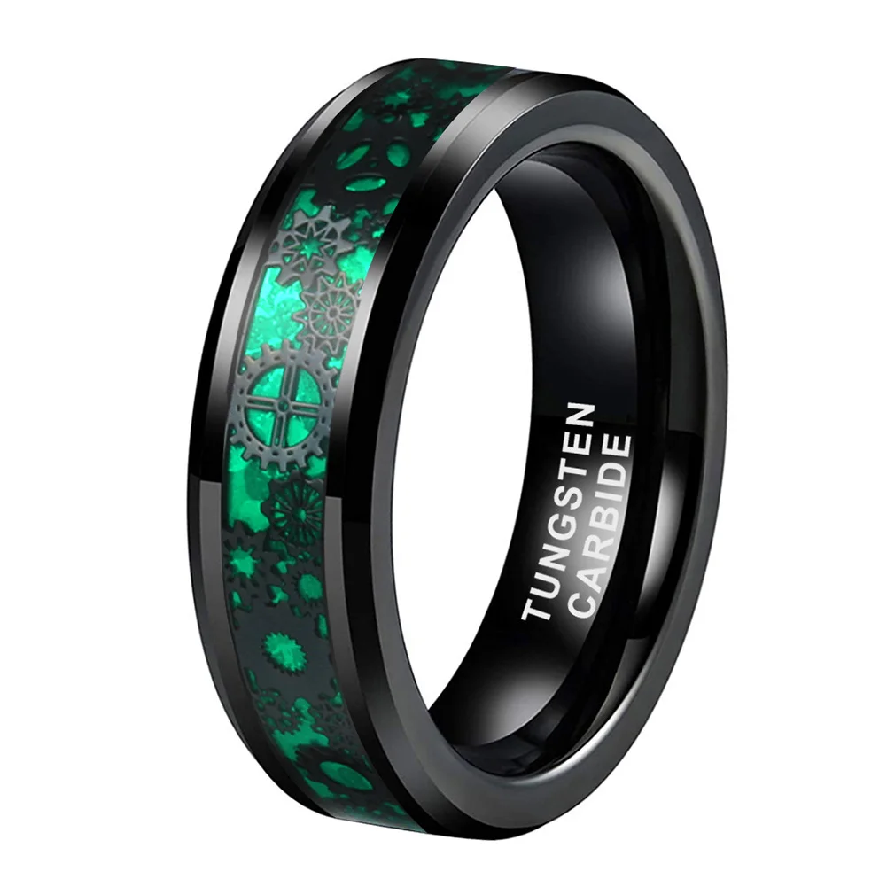 6MM 8MM Women's or Men's Tungsten Carbide Wedding Gear Rings Black with Mechanical Gear Green Carbon Fiber
