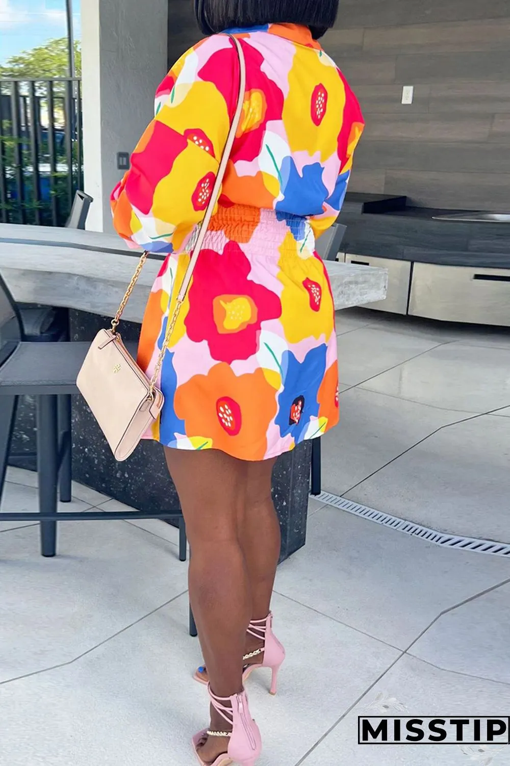 Multicolor Casual Print Patchwork Turndown Collar Long Sleeve Dresses