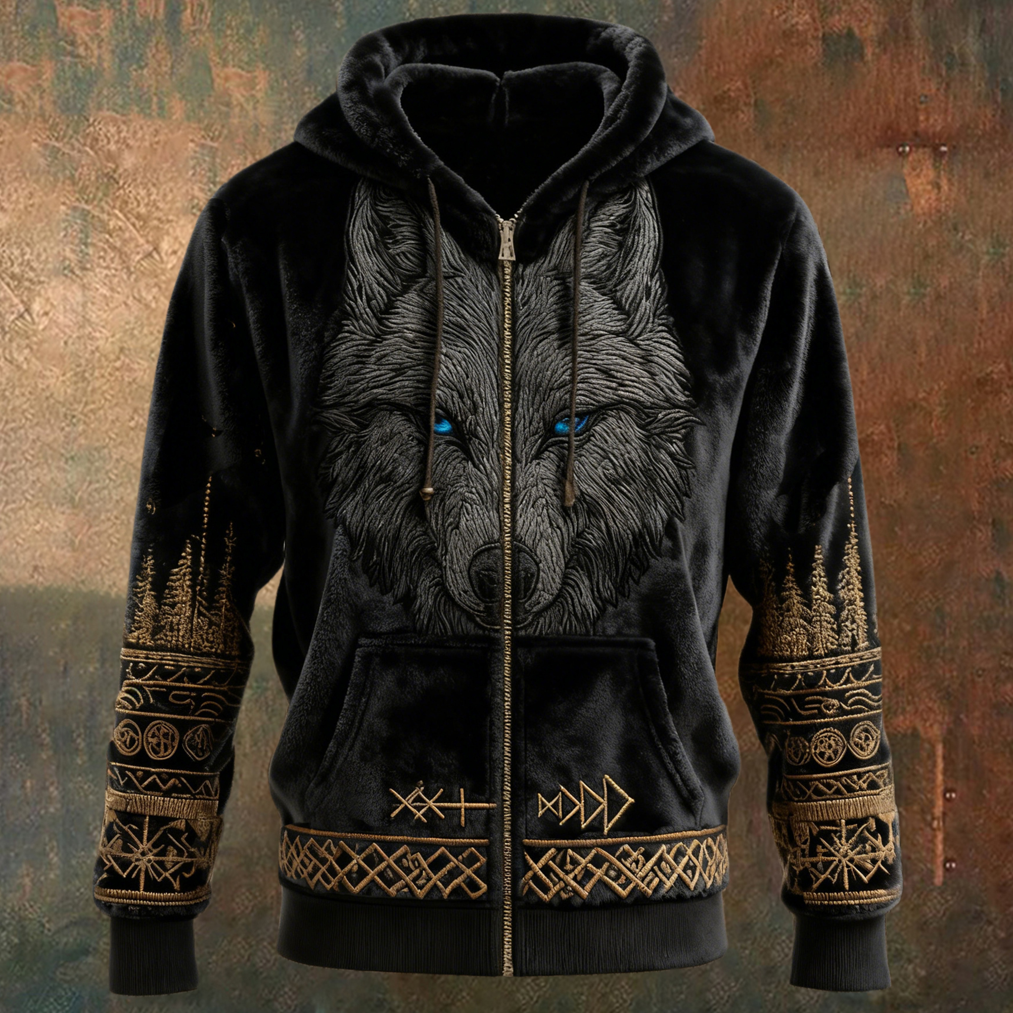 Men's Retro Viking Rune And Wolf Pattern Plush Zip-up Jacket elevenforest