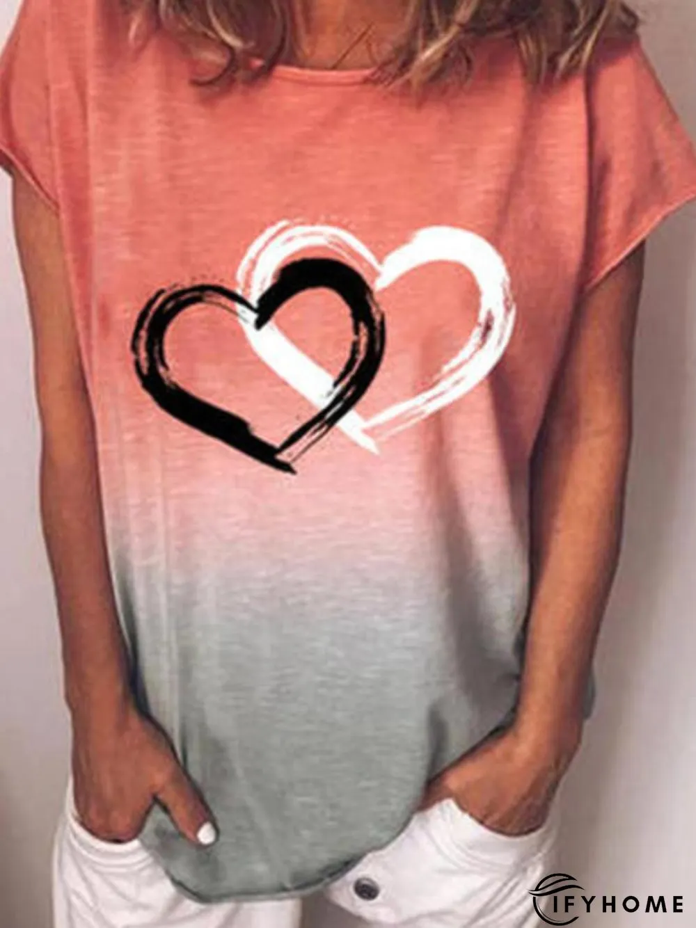 Casual Heart Short Sleeve Round Neck Printed Top T-shirt | IFYHOME