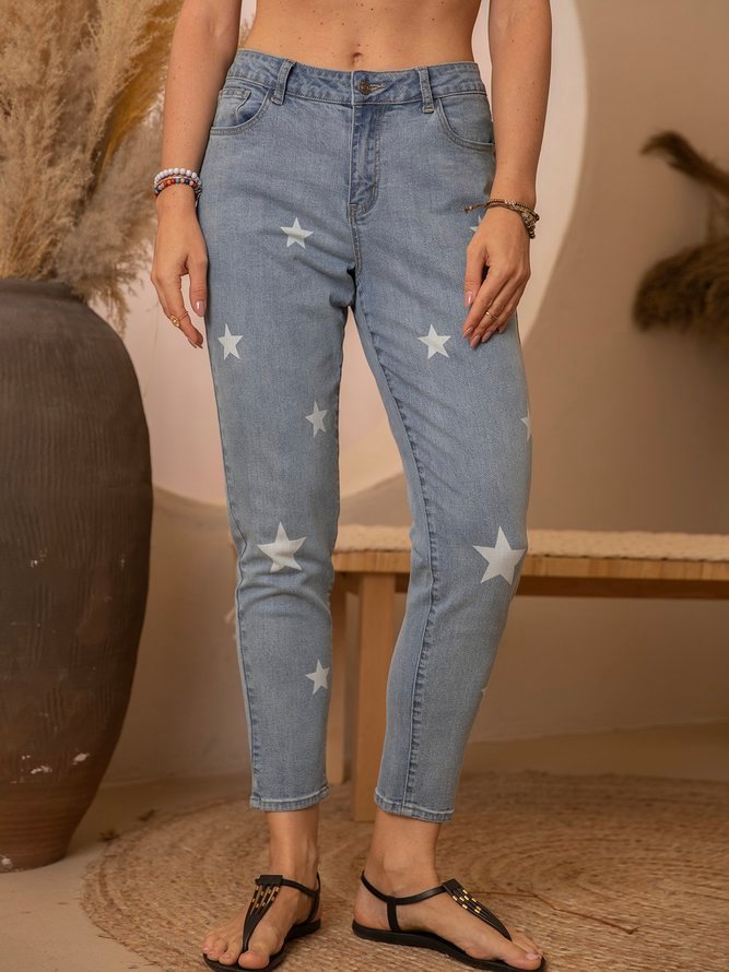 Denim Casual Washed Star Denim Pants