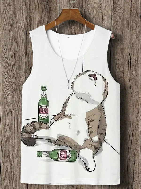 Men's Drunk Cat Illustration Print Tank Top