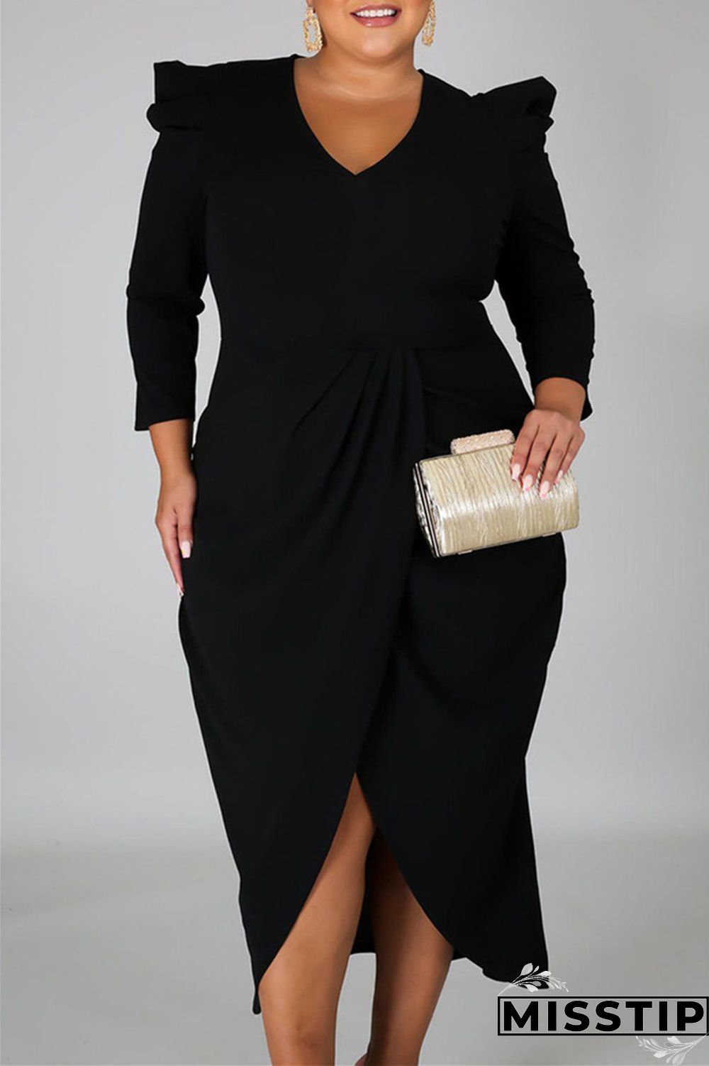 Black Fashion Casual Solid Patchwork V Neck Long Sleeve Plus Size Dresses