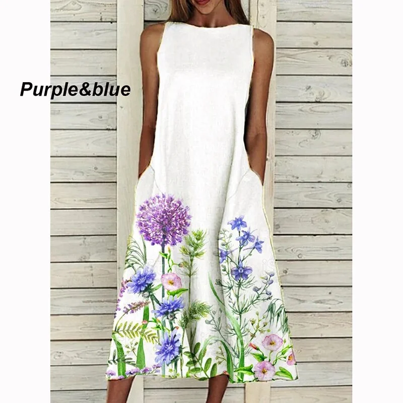 Dress 2022 O Neck Flower Print Summer Dresses For Women Fashion Pocket Sleeveless Dress Female Casual Loose Party Dress