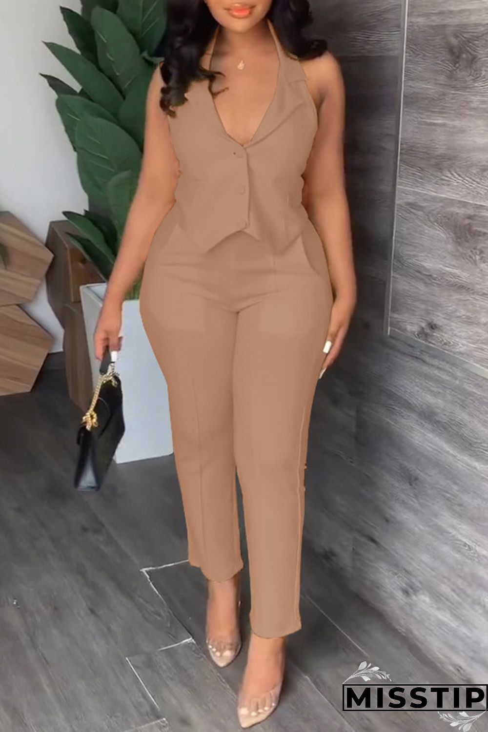 Black Casual Solid Backless Halter Sleeveless Two Pieces