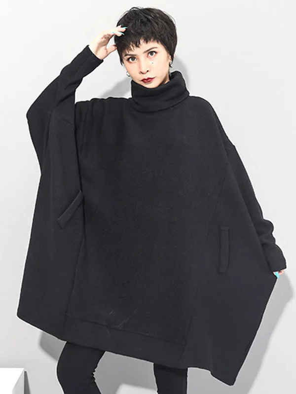 Super Roomy Black High-Neck Knitting Batwing Sleeves Sweater Dress