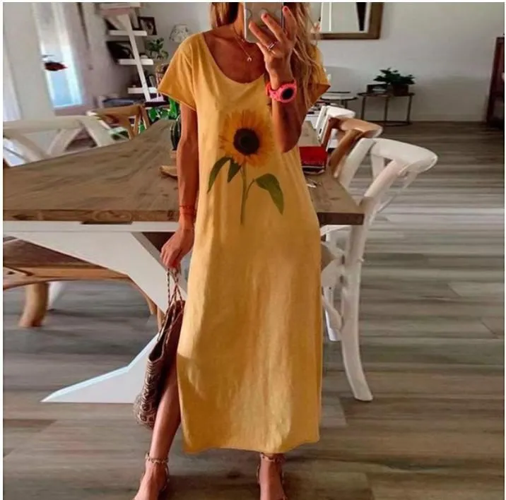 Sunflower 3D Print Split Summer Autumn Dress Women Elegant 2020 White Long Sleeve Plus Size Maxi Dresses for Women Vestidos