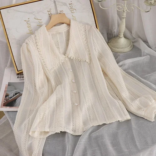 Women Sweet Peter Pan Collar Lace Hollow Casual Sweet Blouse Shirts Women Long Sleeve White Chemise Chic Tops