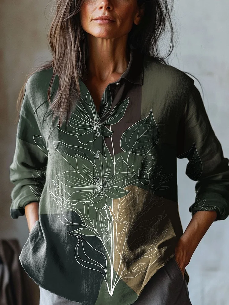 Women's  Flowers Art Print  Casual Cotton And Linen Shirt